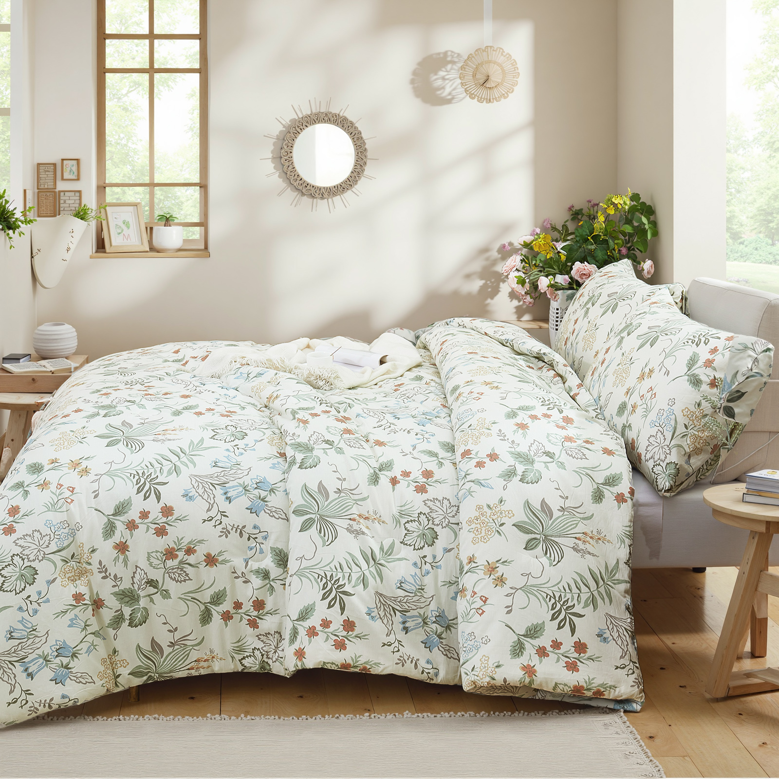 100% Cotton Comforter Set Queen Size, Botanical Floral Comforter with 2 Pillowcases, Vintage Garden Flowers Pattern, Soft Breathable Bedding for All Seasons