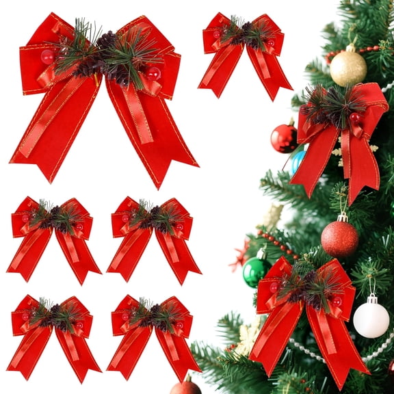 Qoosea 6PCS Red Christmas Bows, Velevt Bow for Christmas Tree Wreath Garland, 6"x 5" Xmas Tree Bows Indoor Outdoor Holiday Home Decor