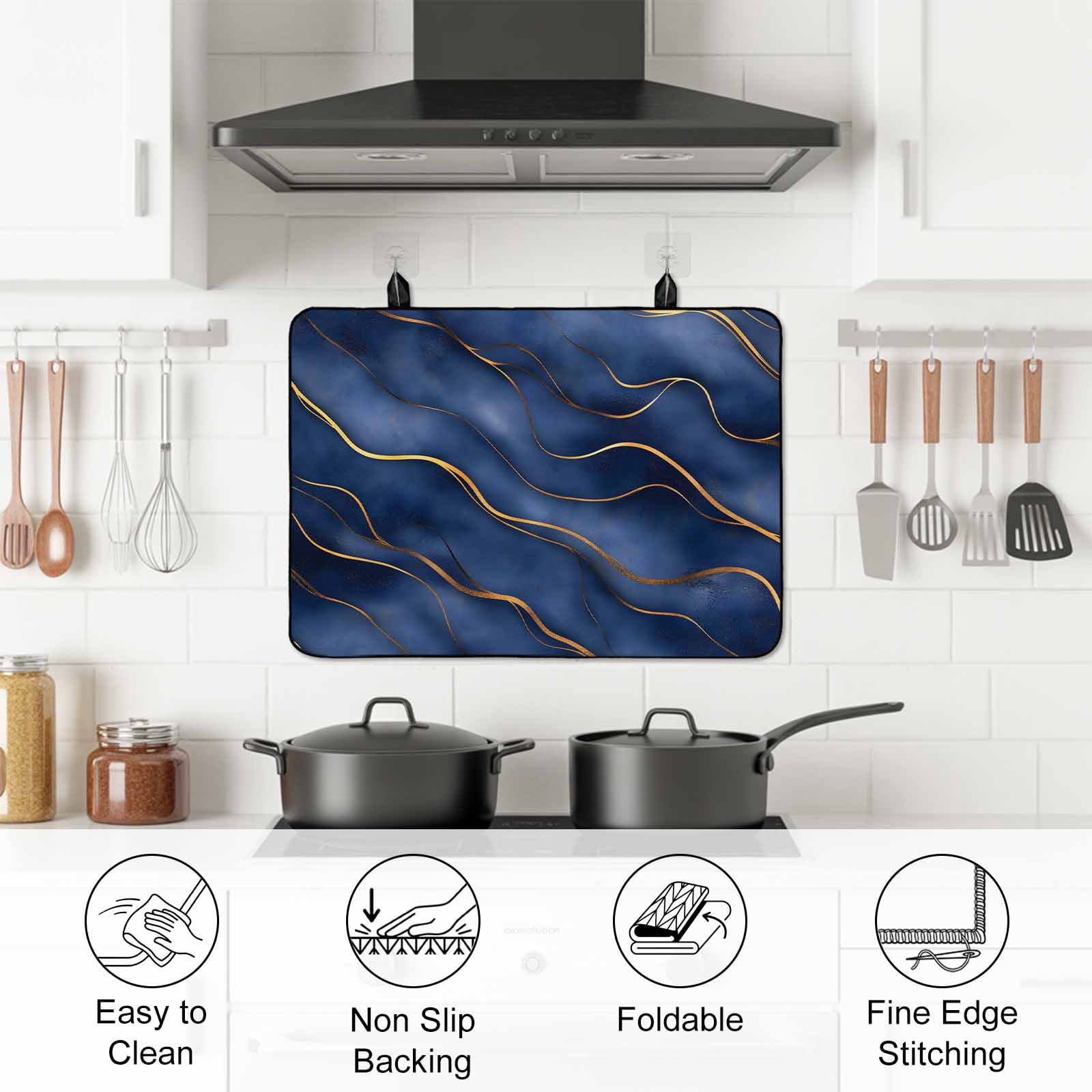 Navy Blue Marble Stove Top Cover for Electric Stove, Heat-proof & Non Slip Glass Top Stove Cover Protector, Modern Golden Geometric Art Kitchen Flat Cooktop Rubber Mat 24x21 Inches