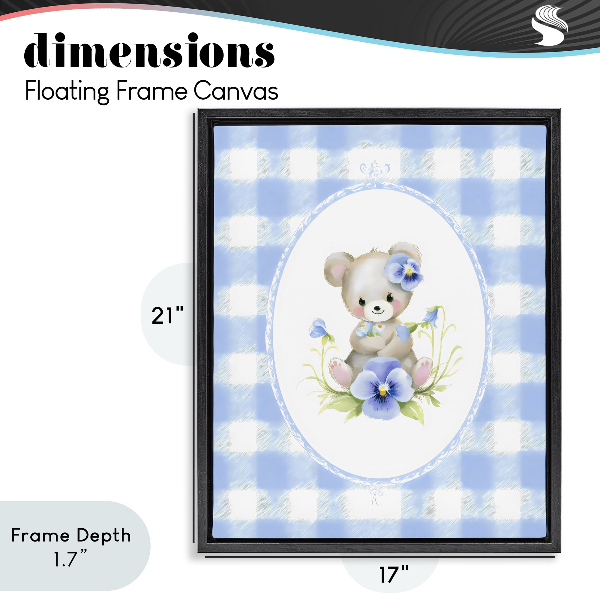 Stupell Industries Little Bear Blue Gingham Black Framed Floater Canvas Wall Art, design by Arlington Prints