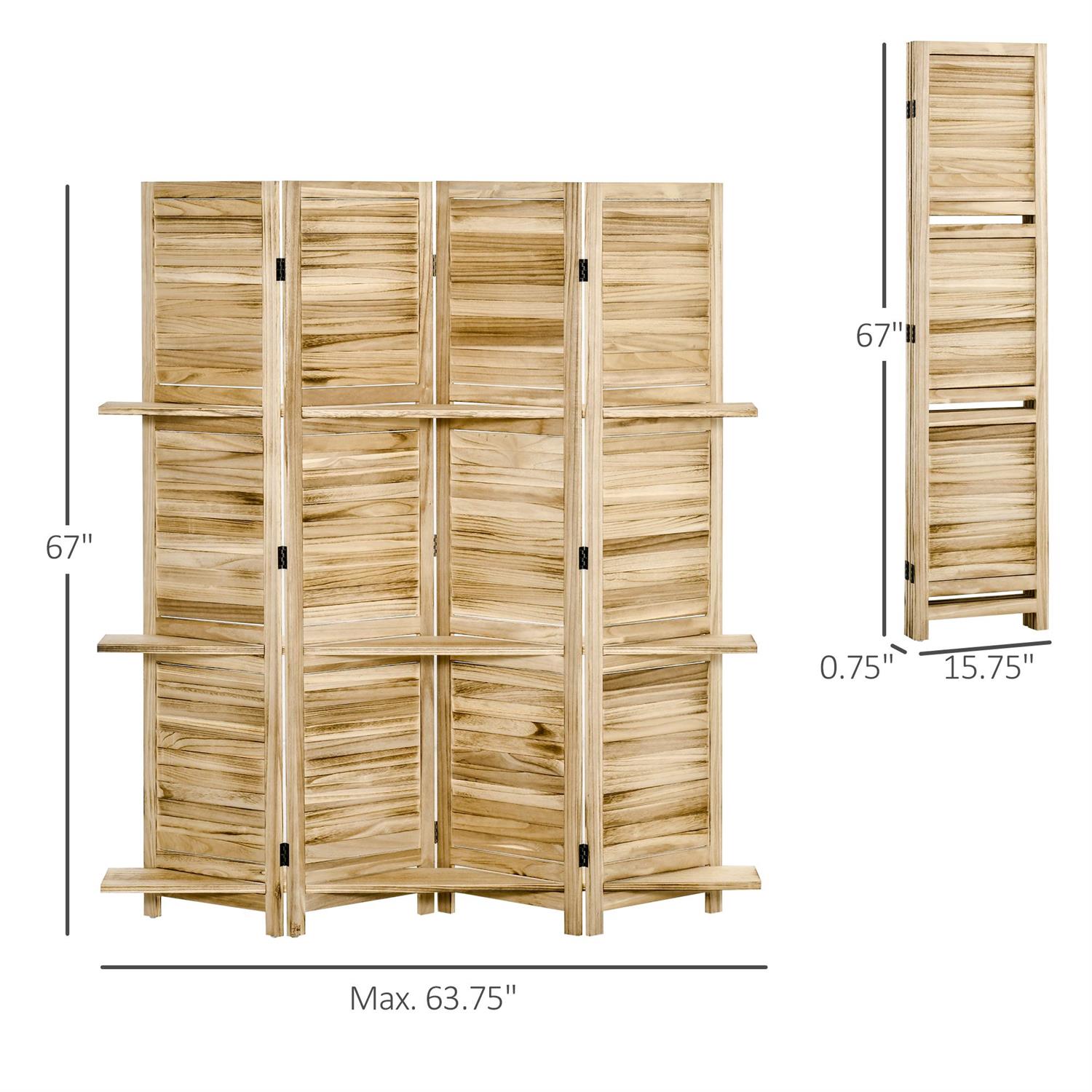 Demi Bonn 67" Tall Wood Privacy Screen Room Divider with 4 Panels, 3 Shelves, Folding Storage for Bedrooms, Beige