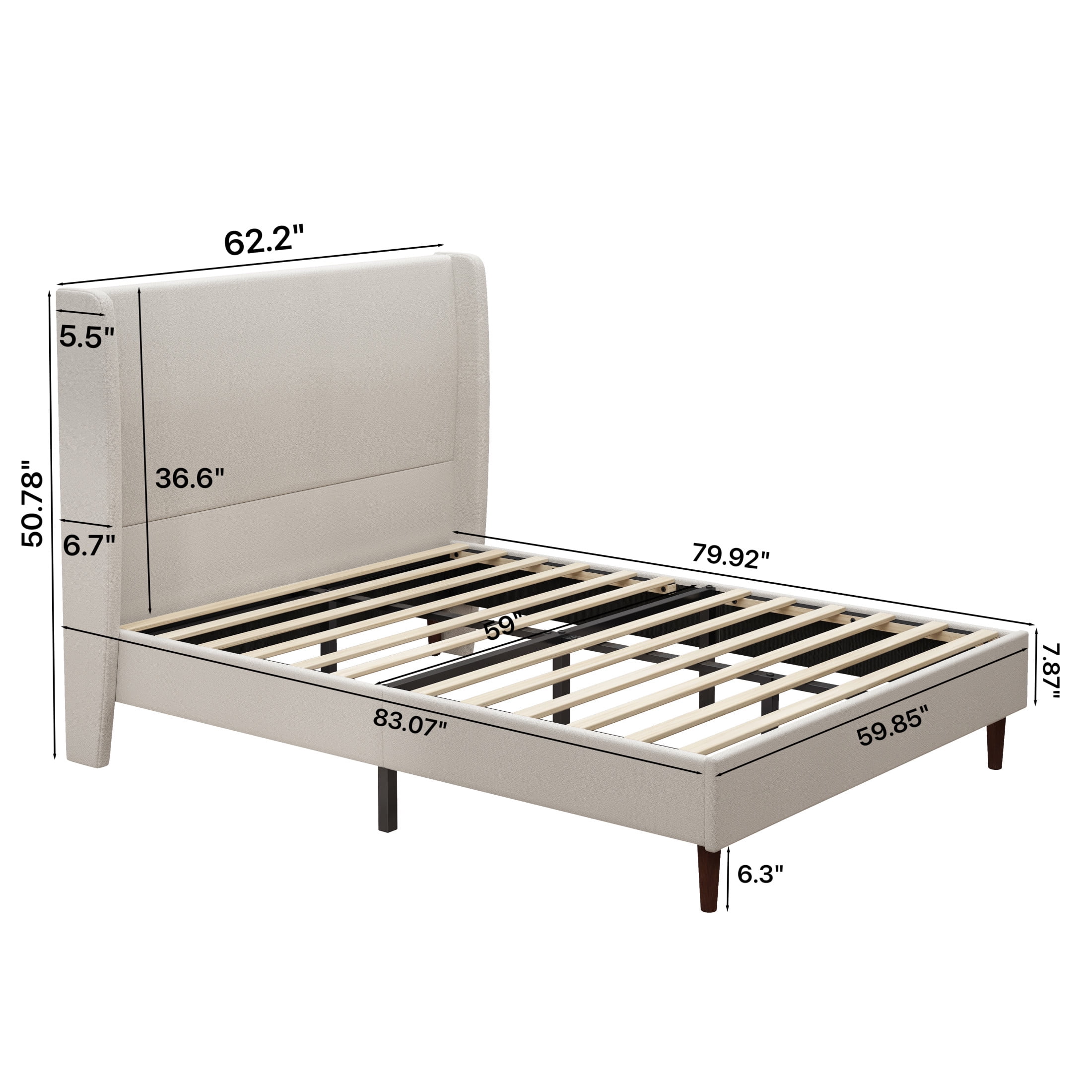 Ember Queen Size Platform Bed Frame with Chenille Upholstered Headboard, No Box Spring Needed, Beige