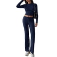 thumbnail image 3 of Conjuntos de 2 Piezas para Mujer, Larga, Cuello Redondo, Pantalones Acampanados de Cintura Alta, Conjuntos de Chándal, Ropa de Calle. Azul Marino L, 3 of 9