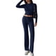 thumbnail image 3 of Conjuntos de 2 Piezas para Mujer, Larga, Cuello Redondo, Pantalones Acampanados de Cintura Alta, Conjuntos de Chándal, Ropa de Calle. Azul Marino XL, 3 of 9