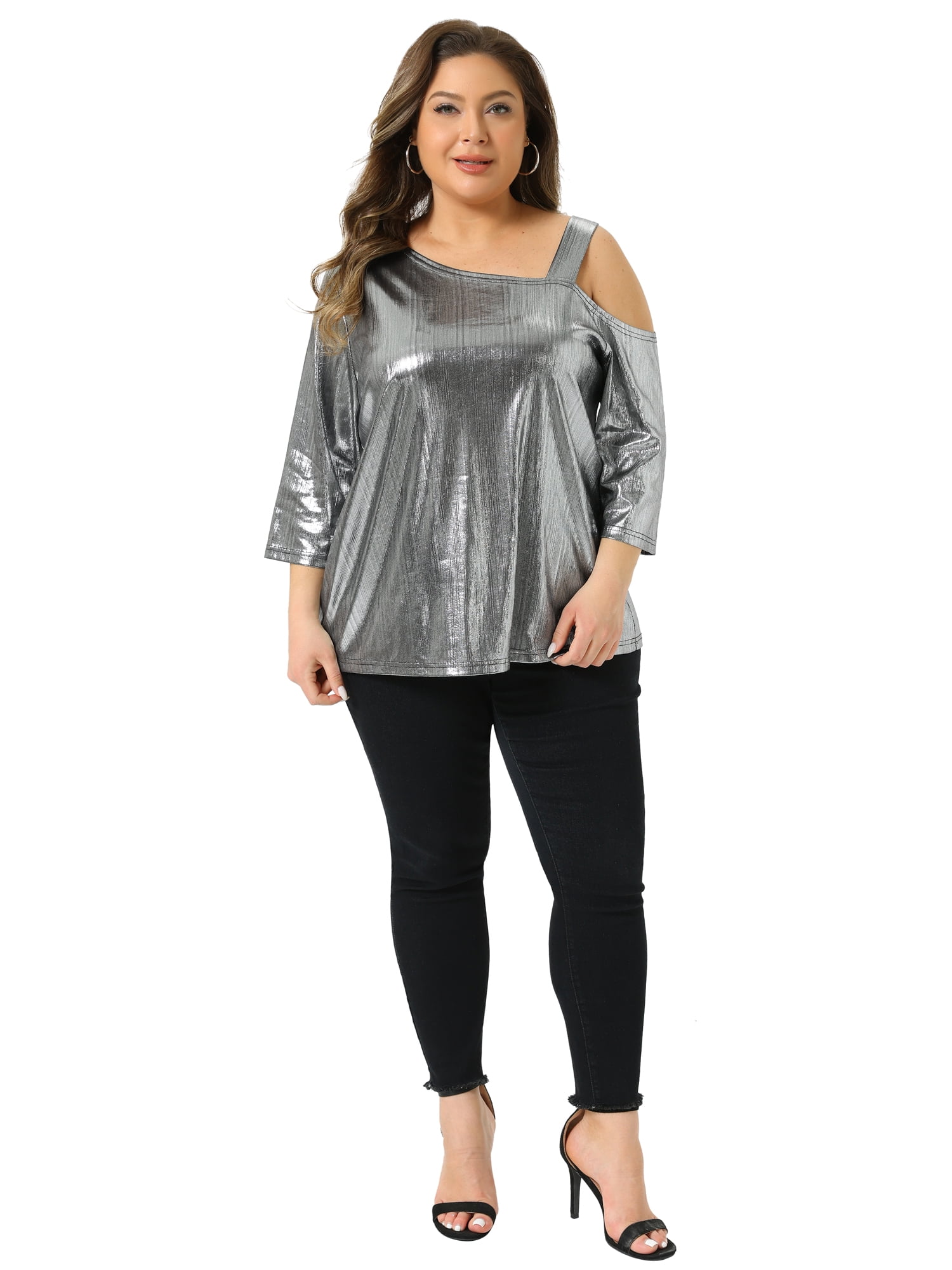DARING DIVA  Women's Plus Metallic One Shoulder 3/4 Sleeve Shiny Blouse 2X Silver