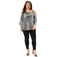 thumbnail image 3 of DARING DIVA  Women's Plus Metallic One Shoulder 3/4 Sleeve Shiny Blouse 2X Silver, 3 of 6