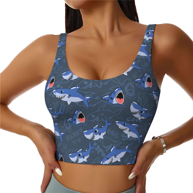 Fotbe Cartoon Shark Sujetador Deportivo Largo sin Aros para Mujer con Almohadillas y Soporte Medio, Transpirable y Absorbente, Camiseta Tipo Chaleco o Tank Top-Large
