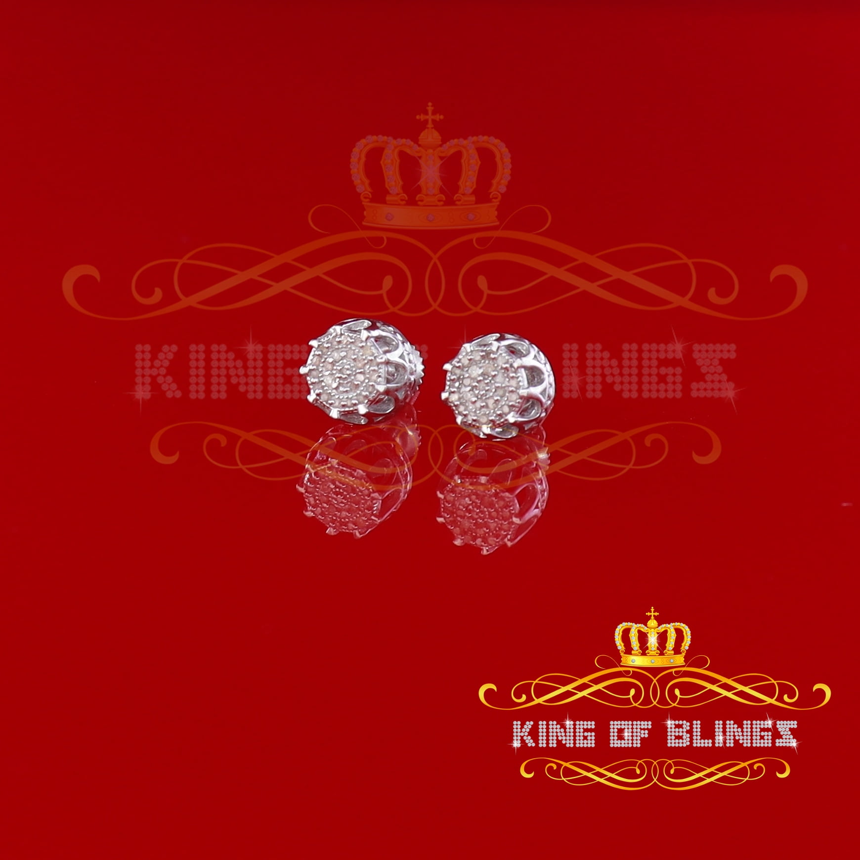 King of Bling's 925 Sterling Silver 0.12ct Diamond For Women's/ Men's White Stud Round Earrings