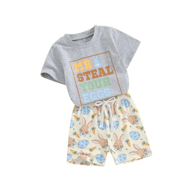 Boiiwant Toddler Boy Easter Outfit Baby Boy Clothes Short Sleeve Tops Bunny Egg Print Shorts Set 2Pcs Kids Summer Clothing Walmart