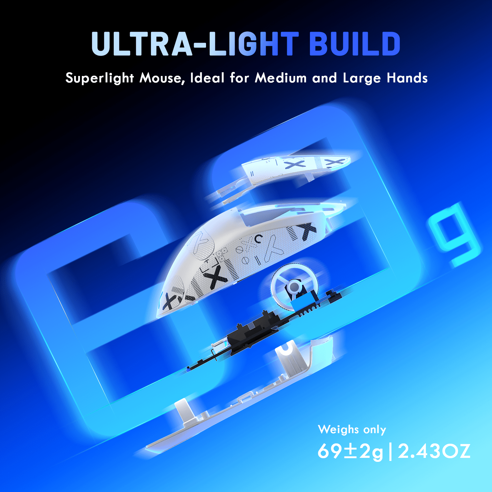 Magic-Refiner X2 Wireless Gaming Mouse, Tri-Mode 2.4G/USB-C Wired/Bluetooth, PAW3311 Sensor, 25000 DPI, 1000Hz Polling Rate, 69g Ergonomic Design, Grip Tape Included, White