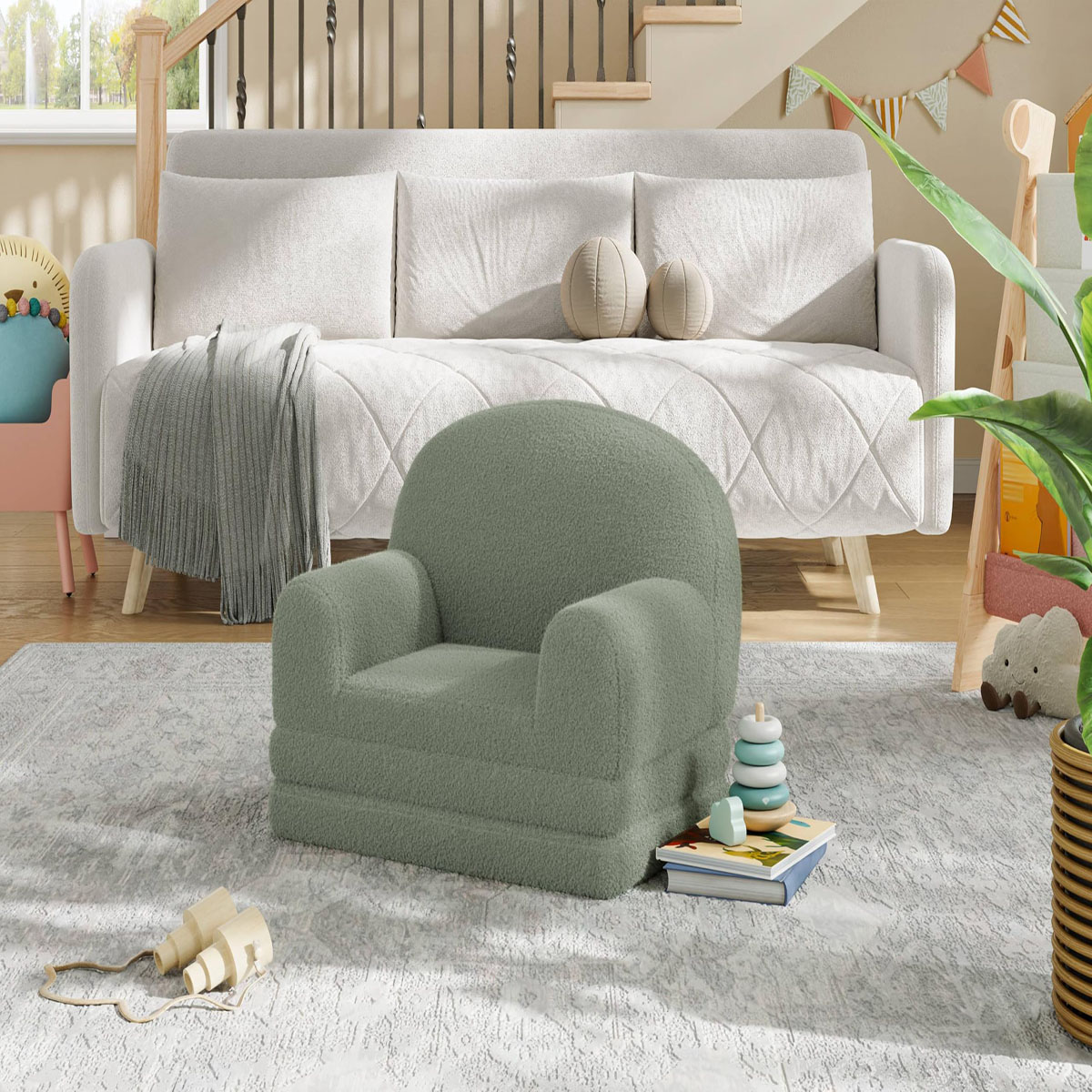 Ataucjin 2-in-1 Kids Sofa Chair, Convertible Toddler Couch Lounge, Comfy Fold Out Teddy Fleece Fabric Children's Sofa Bed for Playroom, Bedroom, Nursery, Gift for Boys & Girls