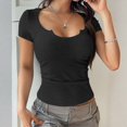 thumbnail image 2 of Short Sleeve Ribbed Knit Bodysuit for Women Scoop Neck Slim Fit Stretchy One Piece Top with Notched Detail Black L, 2 of 5
