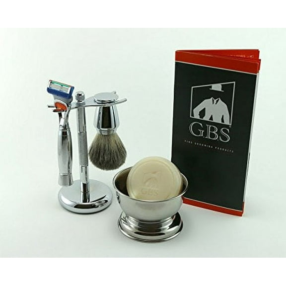 5 Piece Shaving Set -- 5 Blade Razor, Chrome Brush, Bowl and Stand