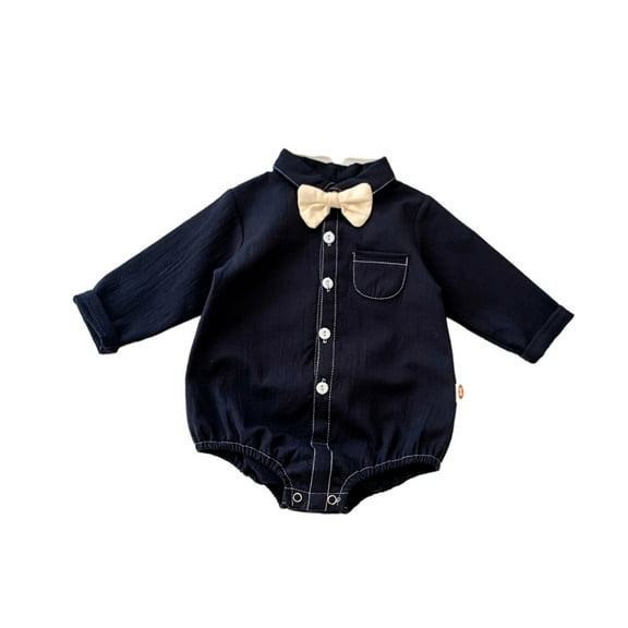 Bainana Button Up Romper For Infant Boys Solid Color Long Sleeve Lapel Neck Jumpsuit Handsome Cute Kids Clothes Dark Blue Size