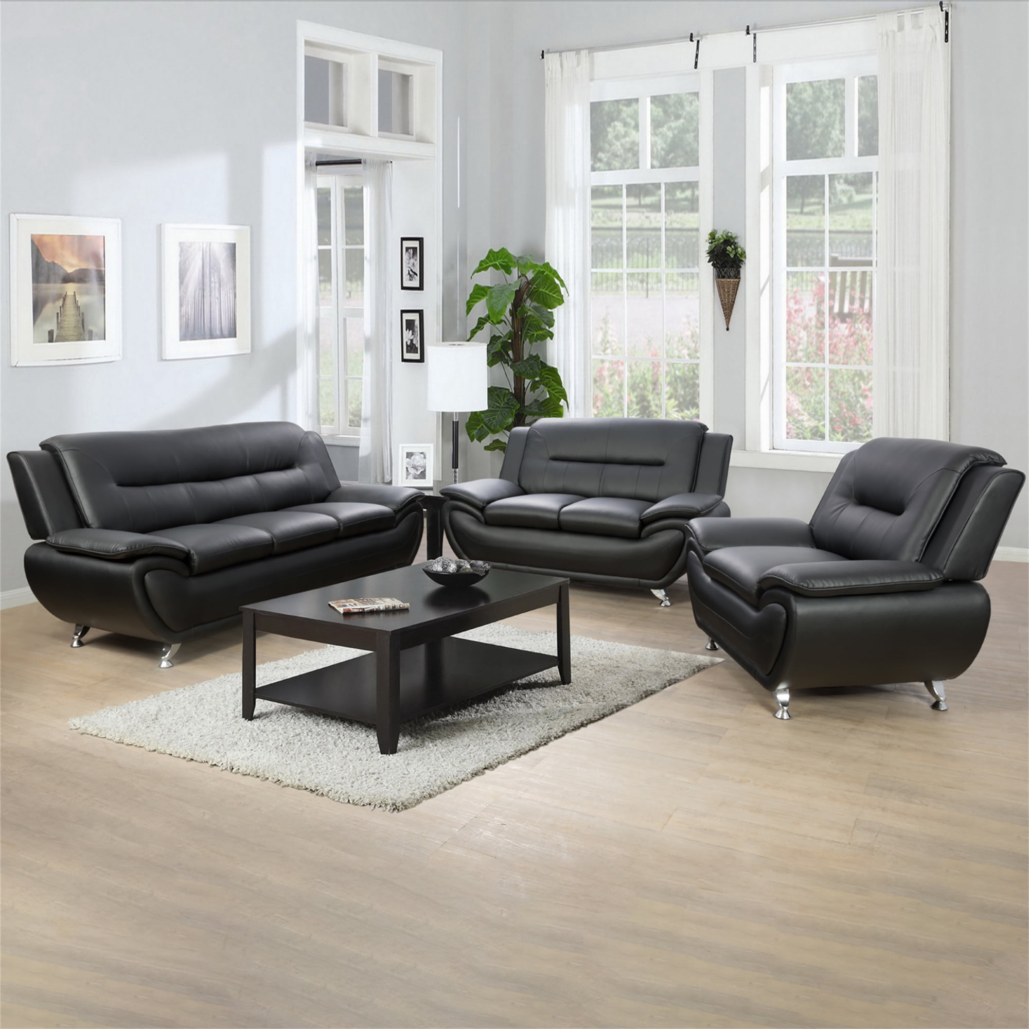 Aukfa 3 Piece Sofa Set - 46" Wide Upholstered Sofa Couch Armchair, Leather, Black