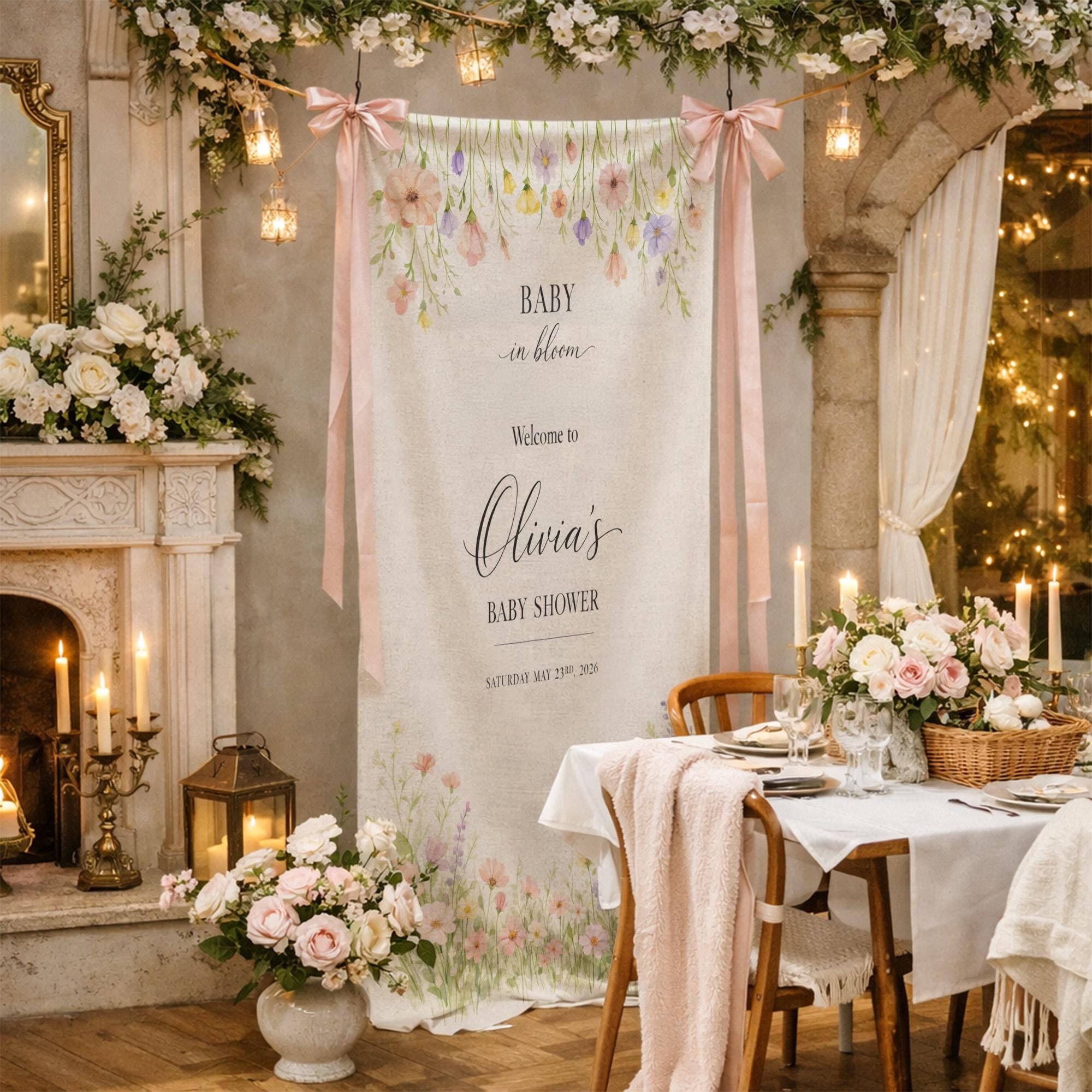ViciArt Baby in Bloom Welcome Sign Floral Baby Shower Backdrop Personalized Banner