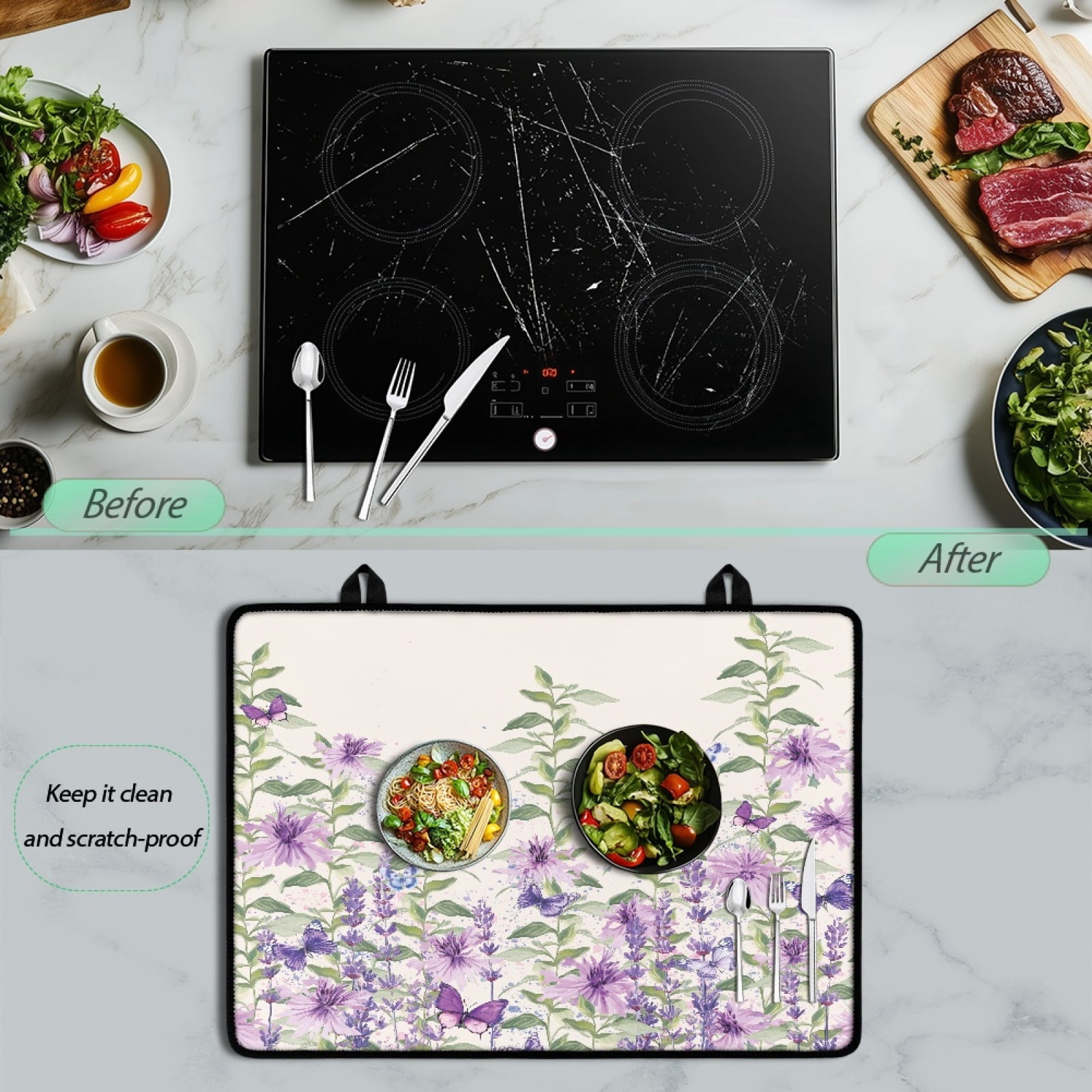 ZIATUBLE Induction Cooktop Cover Multipurpose Electric Stovetop Cover Glass Ceramic Top Stove Cover Range Cover Protector for Electric Stove, 29 x 21 Inch, Butterfly Flower Beige