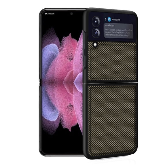SaniMore Case for Samsung Galaxy Z Flip 3 6.7" 2021, Carbon Fibre Back Slim Shcokproof Anti-scratch 360°All-around Protective Drop Resistant Case for Samsung Galaxy Z Flip 3, Gold
