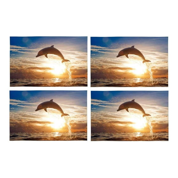 YUSDECOR Funny Animal Dolphin Jumping from Shining Sunset Sea Water Placemats Table Mats for Dining Room Kitchen Table Decoration 12x18 inch,Set of 4