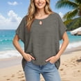 thumbnail image 6 of CYMMPU Women's Summer Solid Color Crew Neck Faux Linen Batwing Top, Loose Short Sleeve Casual Lightweight Blouse Gray M, 6 of 6