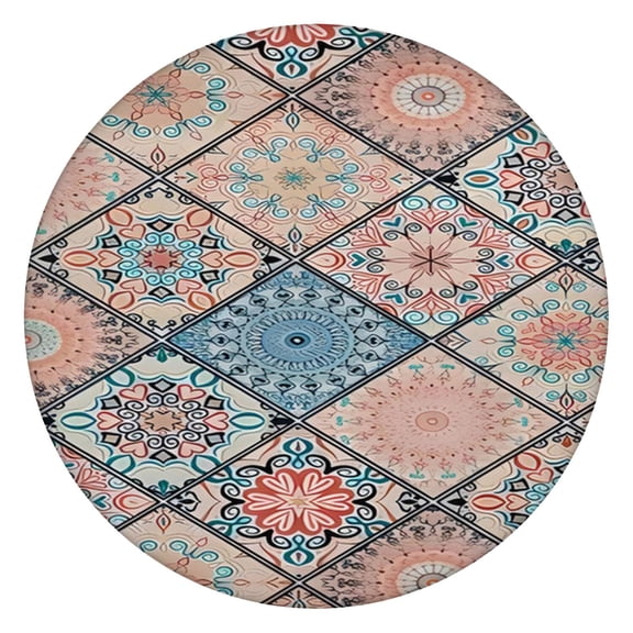 【Boho Floral Print & Elastic Edge】Colorful Fitted Tablecloth Round for Kitchen Patio Picnic Buffet Party, Stretchable Table Cover Fits 52 to 56 Inch Diameter Round Tables, Machine Washable