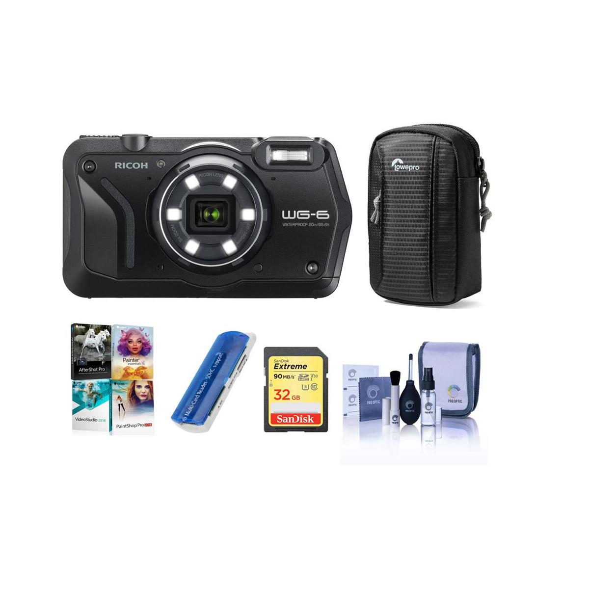 Ricoh WG6 Digital Camera, Black Bundle With Camera Case, 32GB SDHC