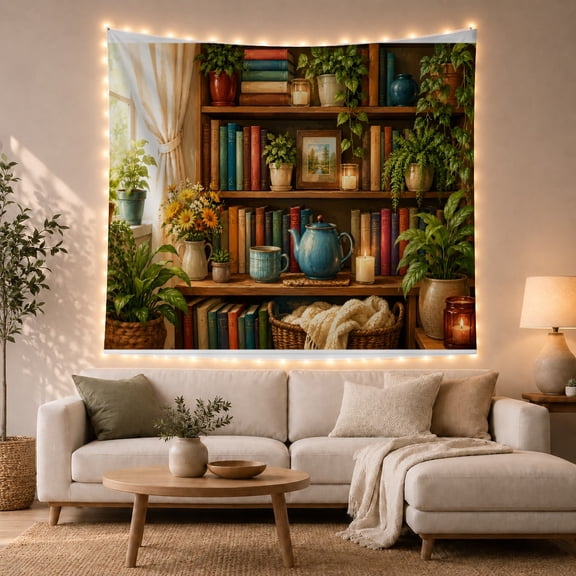 Botanical Bookshelf with Lush Plants, Cozy Indoor Library Scene, Warm Vintage Style for Book Lovers, Plant Decor, Housewarming Gift Tapestry Wall Hanging for Bedroom, Living Room and Dorm
