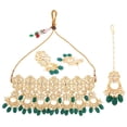 thumbnail image 5 of Efulgenz Traditional Antique Indian Chandbali Style Choker Necklace Dangle Earrings Green Maang Tikka Faux Pearl Kundan Stone Indian Bridal Wedding Jewelry Set for Women, 5 of 6