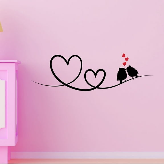Outdoor Scenes Wall Decal Lovely Birds Sitting on a One Line Heart Wire Bedroom Wall Decal for Girls Birds Cute Themed Room Décor - Size: 10 In x 3 In