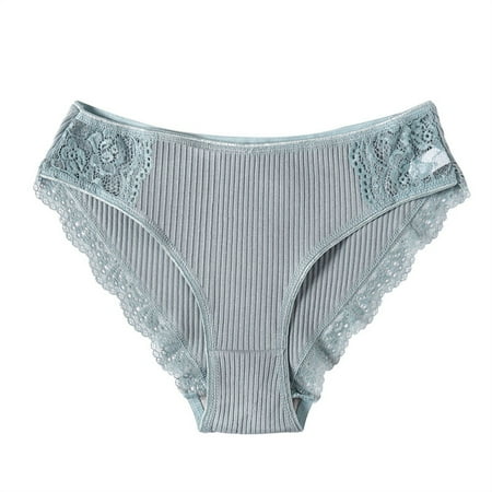 

Women s Lace Brief Rib Design Low-Waist Underwear Breathable Cotton Fabric Panties for Teens Adults Grey Blue 2XL