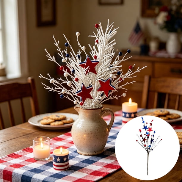 Adornos florales patrióticos en forma de estrella, rojos, blancos y azules, tallos artificiales para rellenar jarrones en el Día de la Independencia, decoración navideña para el hogar. Ramas d