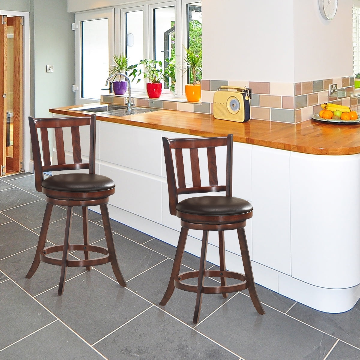 Costway Set of 2 25'' Swivel Bar stool Leather Padded Dining Kitchen Pub Bistro Chair High Back