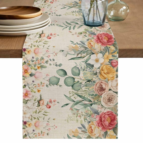 Watercolor Floral Cotton Linen Table Runner for Dining Kitchen, Spring Roses Eucalyptus Leaf Plants Beige Wedding Outdoor Party Tablerunners, Dresser Scarf Coffee Tablecloth Runners 13x70 Inches