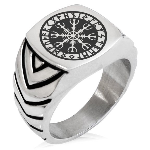 Stainless Steel Helm of Awe Viking Norse Chevron Pattern Biker Style Polished Ring