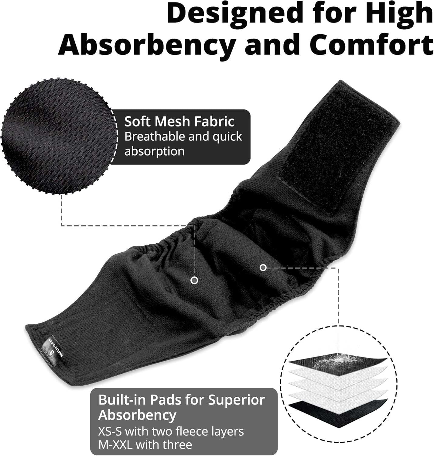 Paw Legend Washable Dog Belly Wrap Diapers for Male Dog (3 Pack)Black,M