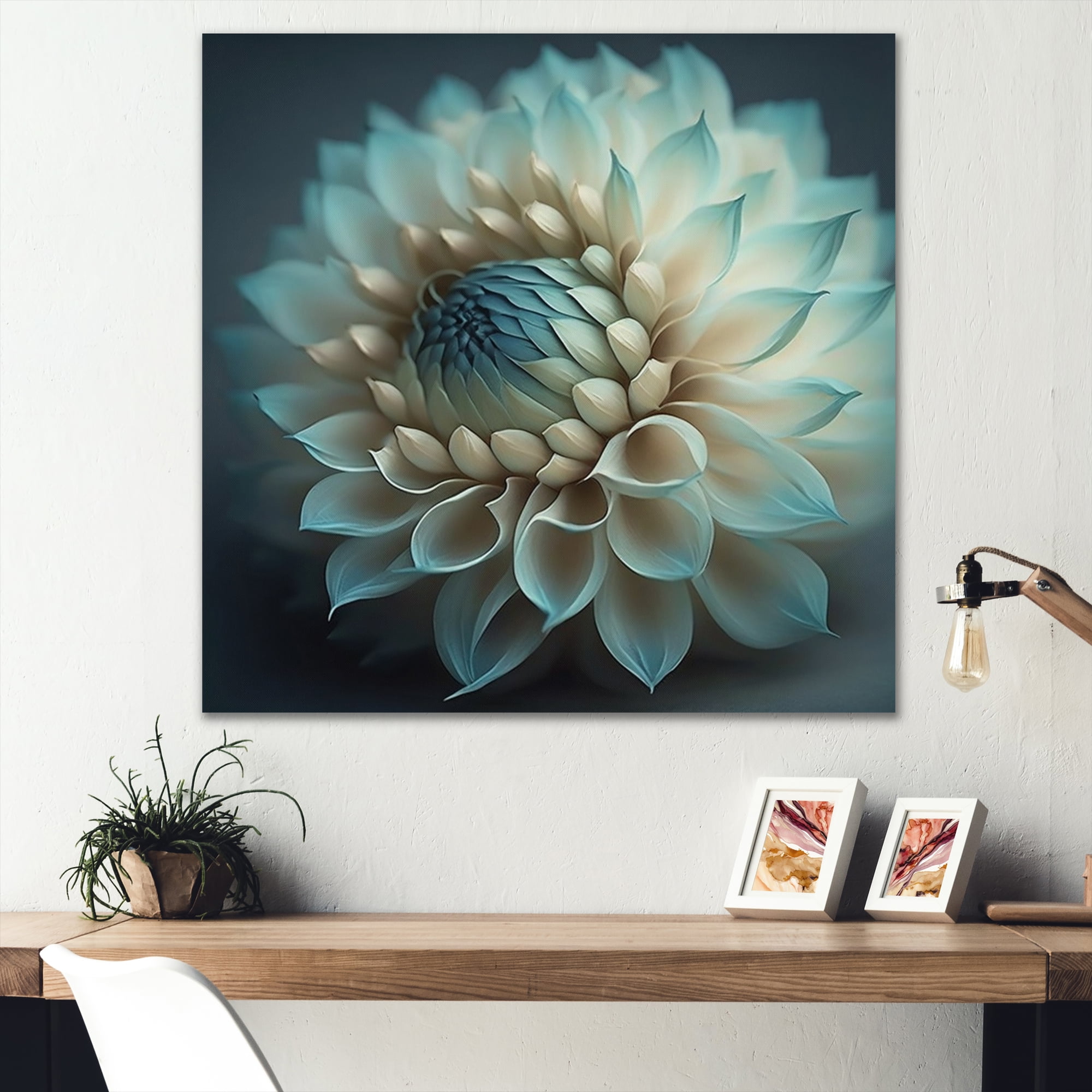 Designart Blue And White Dahlia Flowers IV Canvas Wall Art