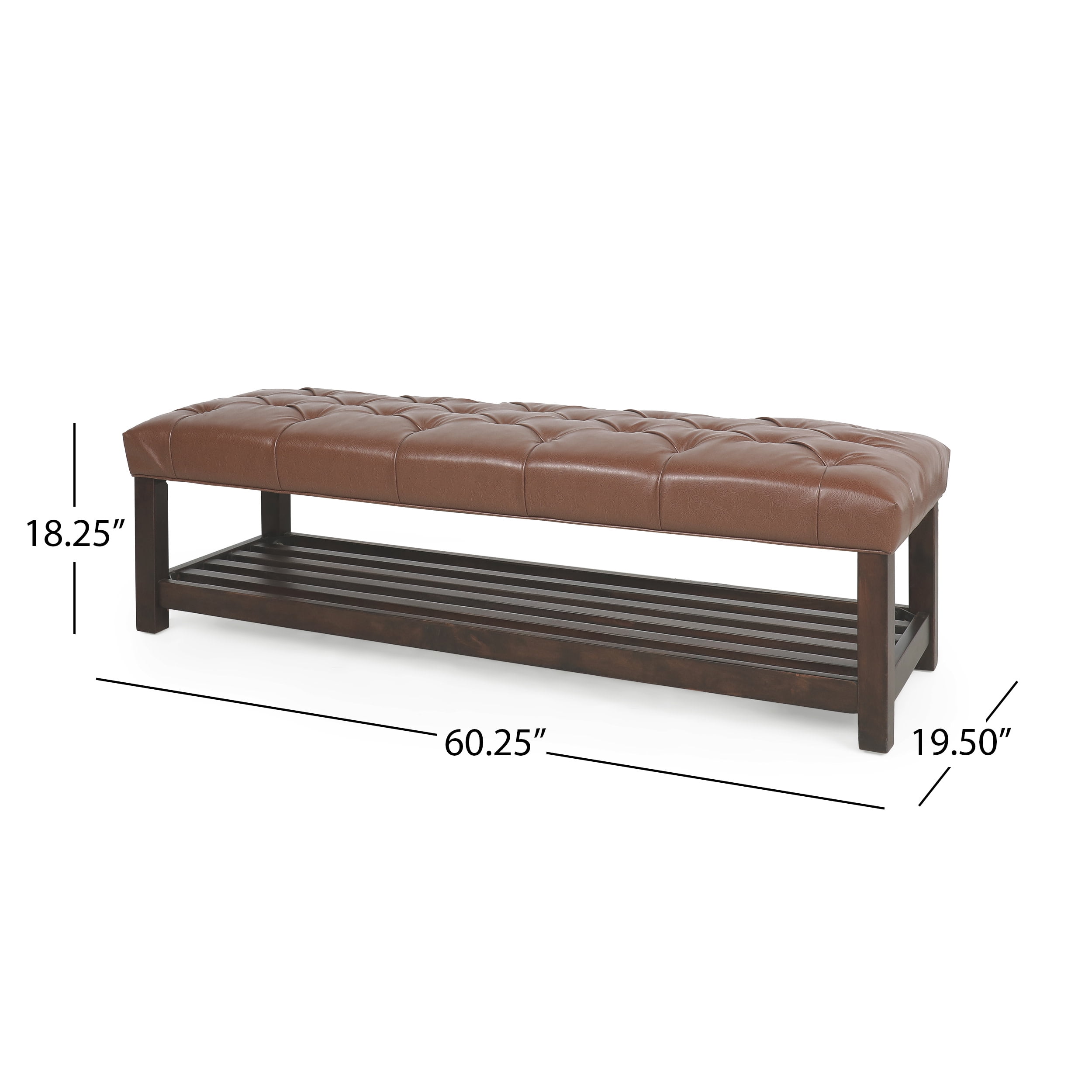 Noble House Wichita Faux Leather Button Tufted Bench with Shelf, Cognac Brown and Dark Walnut