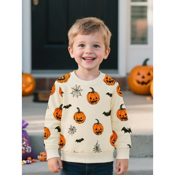 HILEELANG Toddler(18M-7T) Halloween Pullover – 100% Cotton Pumpkin and Bat Print Fall Sweatshirt for Boys Girls 3 years old