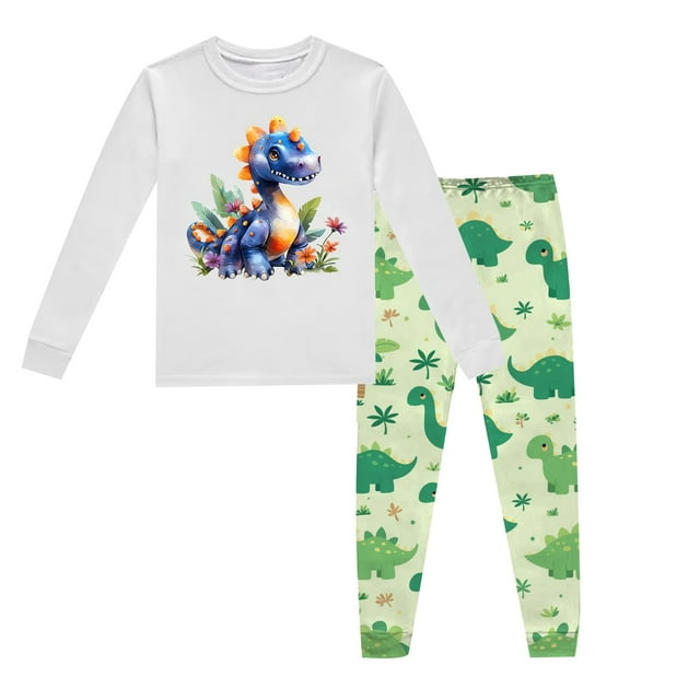 Pyjamas pour Garçons Ensemble de Pyjama Imprimé Dinosaure Col Rond Manches Longues Pantalon 2 Pcs Printemps Automne Gris Clair 4 Ans-5 Ans