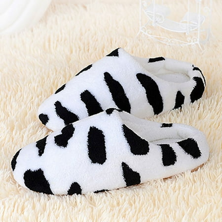 

Chiccall Winter Warm Slippers Comfy Faux Fur House Shoes Slip on Flat Shoes Fuzzy Cow Print Slippers Slient Indoor House Slippers for Women and Girls on Clearance