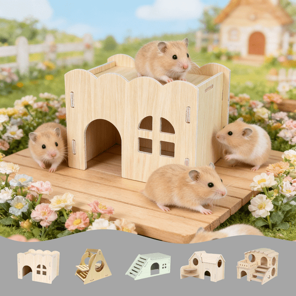 CuiLiyq Wooden Hamster Hideout, Natural Solid Wood Small Animal Cage Decor, Safe Hide Bed for Gnawing Sleeping, for Gerbil Mouse