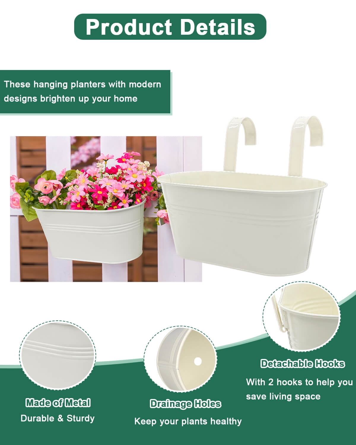 Metal Railing Planter for Outdoor Plants - 5 Pack Balcony Hanging Flower Pots with Detachable Hooks and Drain Holes Oval Bucket Rail Box Fence Planters for Home Garden Decor, White