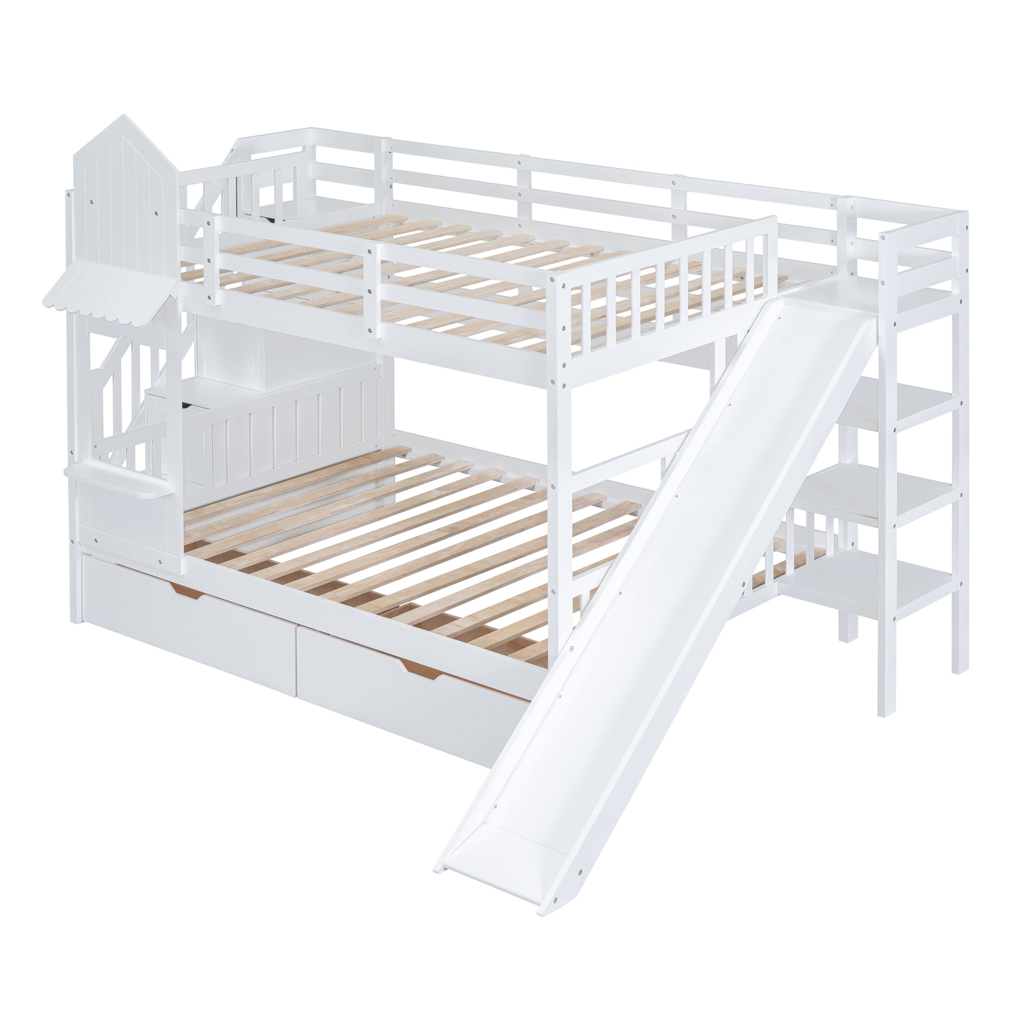 Full over Full Bunk Bed for Kids, Castle Style Bunk Beds with 2 Drawers, Slide and Storage Shelves, Solid Wood Bunk Bed Frame for Kids Girls Boys Teens