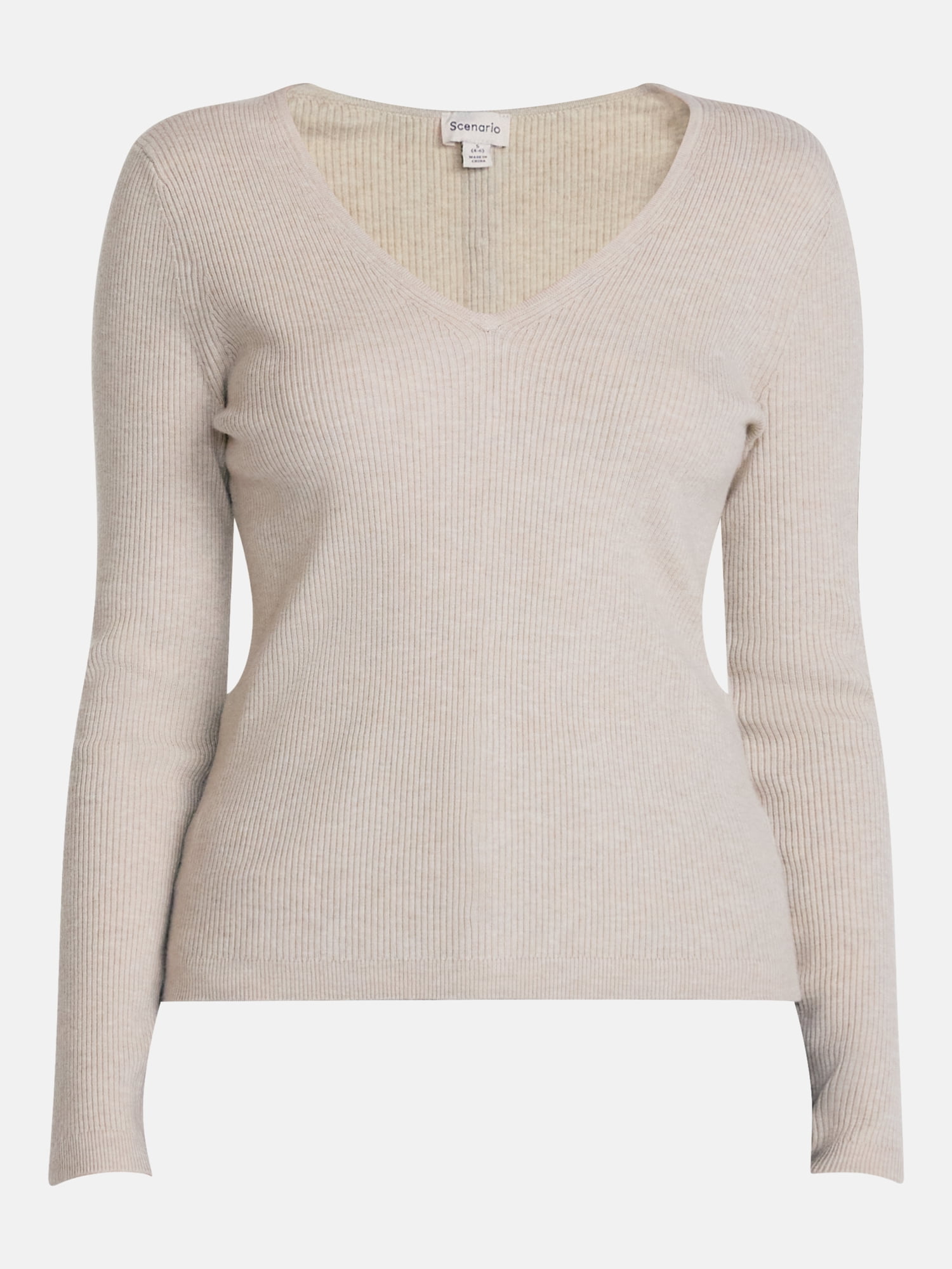 Scenario Women's V-Neck Ribbed Lightweight Sweater with Long Sleeves, Sizes XS-XXXL