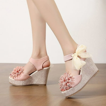 

AXXD Pink Wedge Sandals for Women 8.5 New Summer Thick-soled Sandals For Bohemian Heels Lace Fish Mouth Bow Sandals For Women