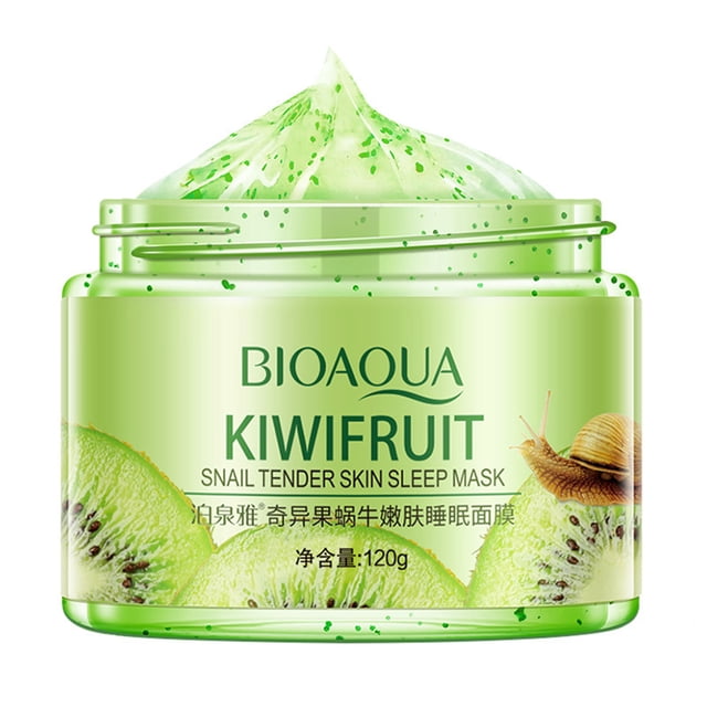 mascarilla de noche bioaqua kiwifruit snail tender skin de 120 g que nutre e hidrata la piel sin necesidad de enjuagar, tarro verde frontal con tapa, crema verde moteada sobresale en pico; etiqueta con texto BIOAQUA KIWIFRUIT, imágenes de kiwi y caracol, indica 120 g; indicada para hidratación nocturna de piel seca y suele usarse como tratamiento de noche para zonas ásperas.