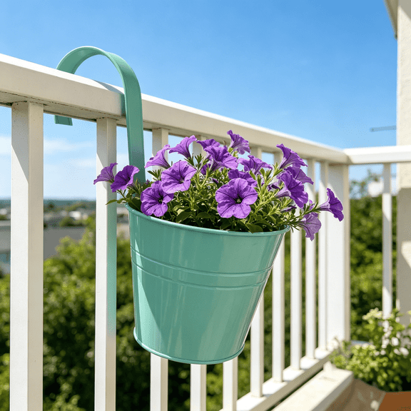 Hanging Planters Outdoor - 9 Inch Blue Large Metal Flower Pot, Balcony Planters Railing Hanging Herb Garden Iron Hanging Plant Buckets for Fence Rail Deck Porch Outside Wall