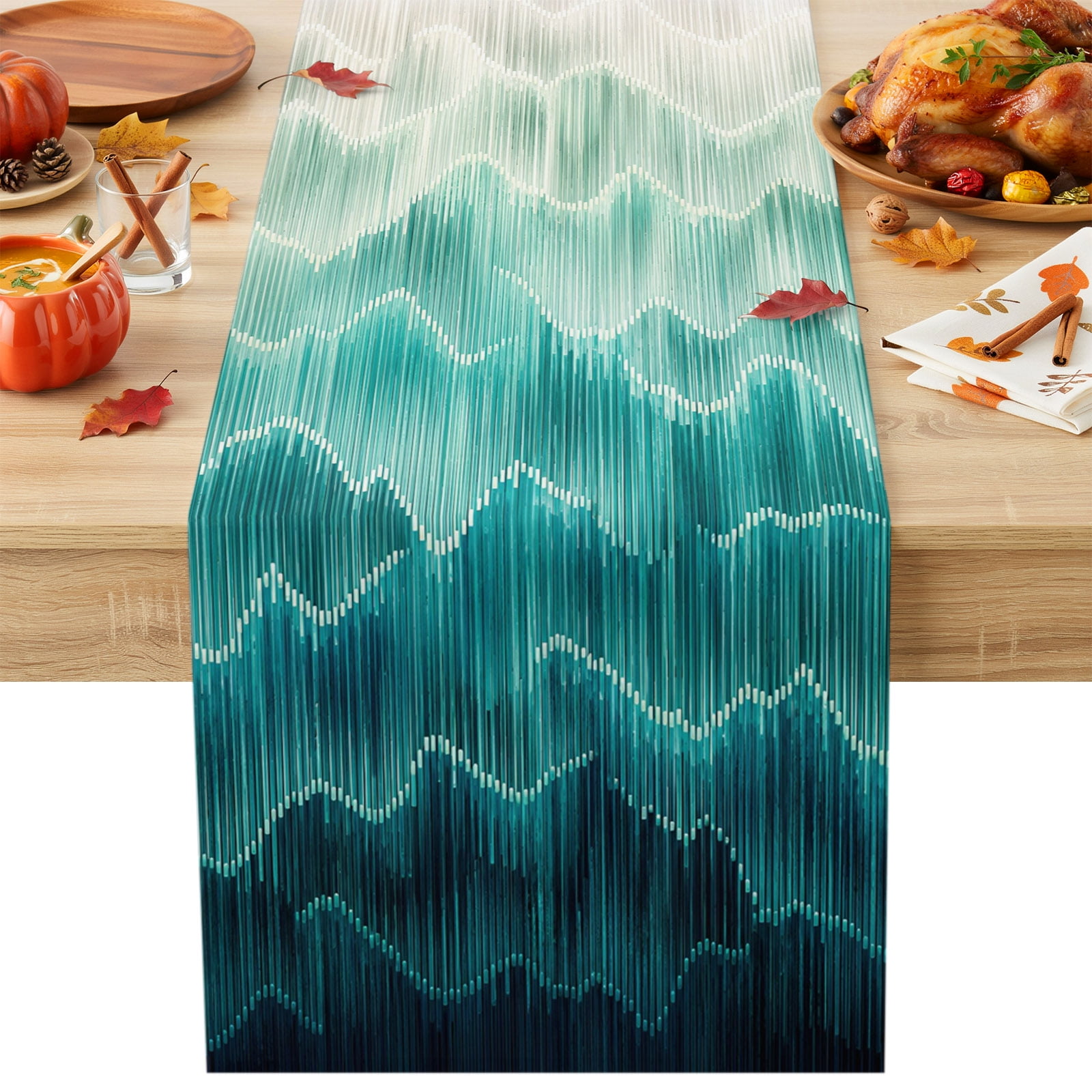Turquoise Stripes Cotton Linen Rectangle Table Runners 13 x48 Modern Abstract Art Waves Coffee Table Runner Dresser Scarves Luxury Table Runners for Wedding Party Banquet Dinner Decor