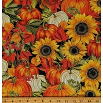 Cotton Sunflowers Fall Leaves Pumpkins Harvest Floral Metallic Gold Accents Cotton Fabric Print by the Yard (HARVEST-CM2801-AUTUMN)