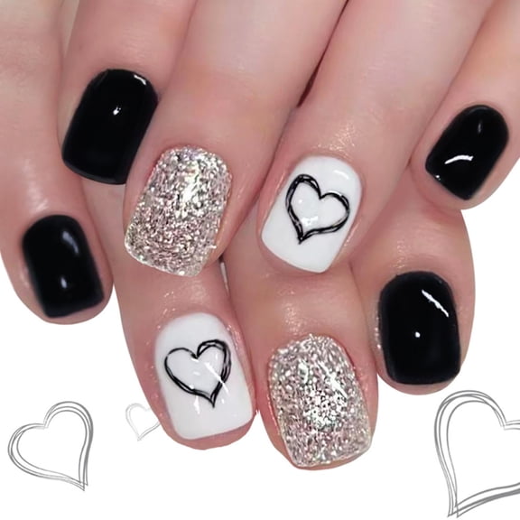 24Pieces Artificial Nail French Manicure Set Black Heart Patterns Fale Nail
